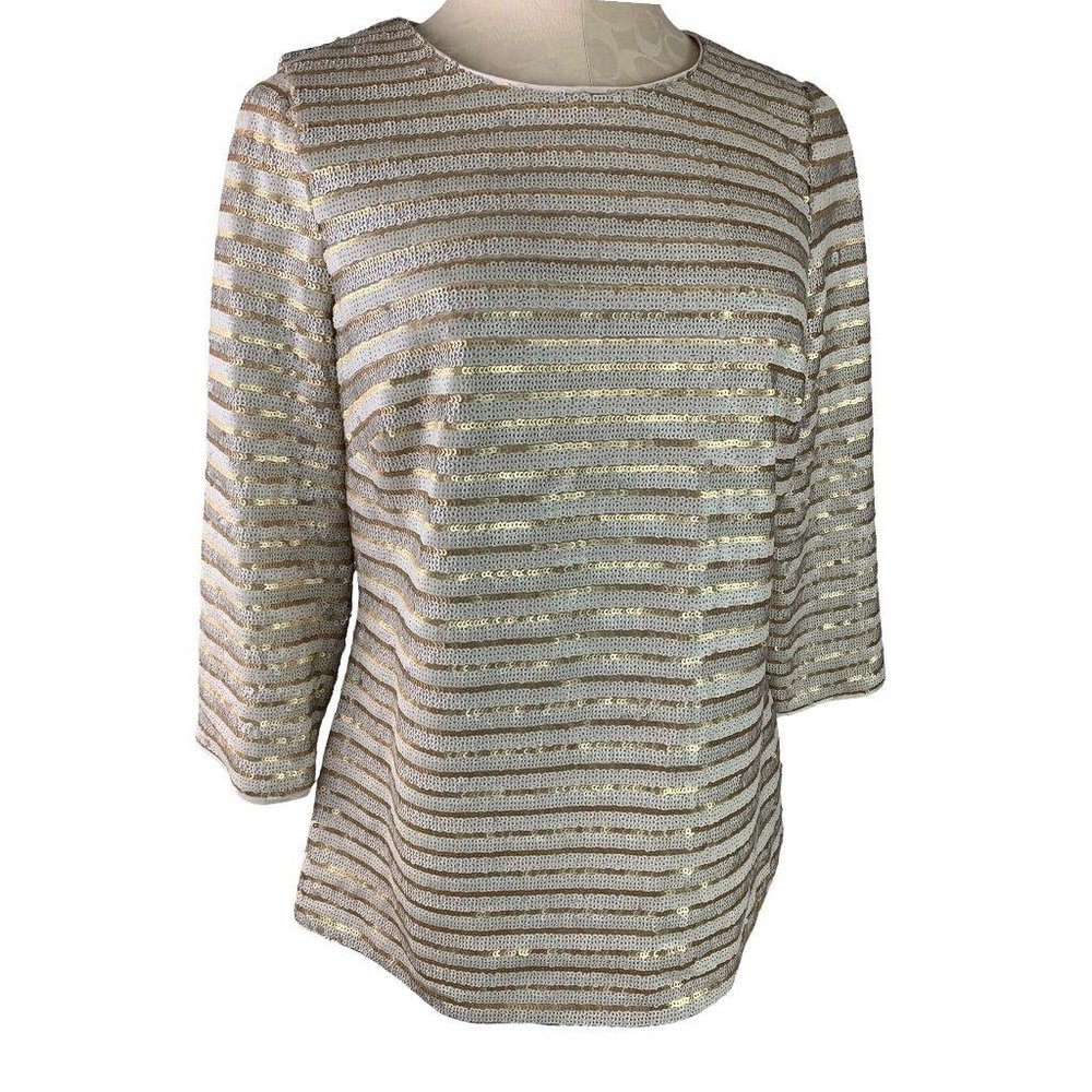 8 Boden Women's Silver Gold Sequin Stripe Blouse Lined 3/4 Sleeve